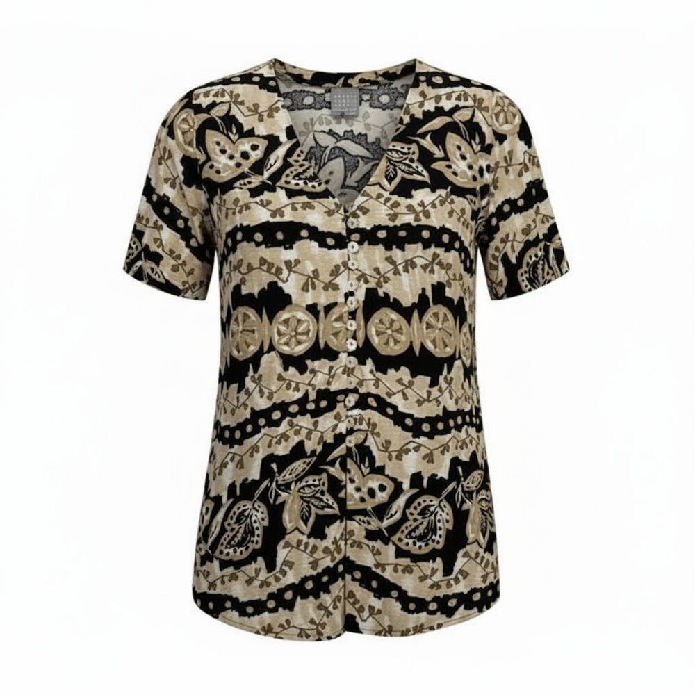 Rabbit Rabbit Rabbit Tropical Print Blouse Shell Buttons Black Tan Size 12‎